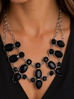 Silver Tone Faceted Jet Black Lucite Acrylic Statement Necklace Unsigned